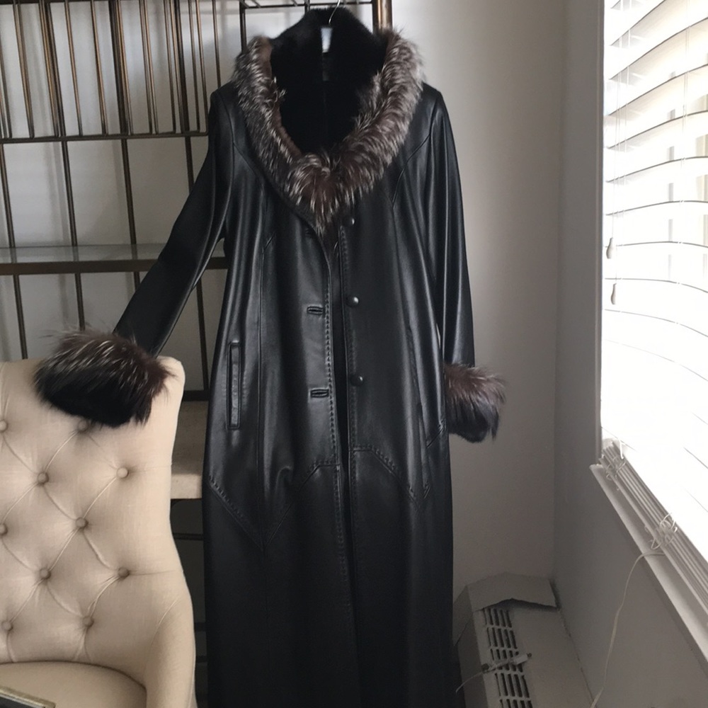 Leather coat with mink, crystal fox collar&cuffs